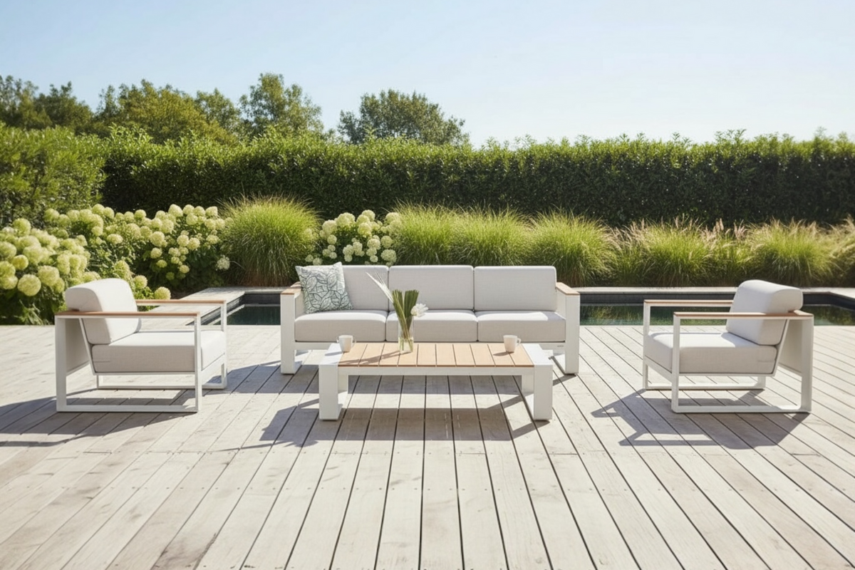Sofy white aluminum and teak sofa set – shown outdoors