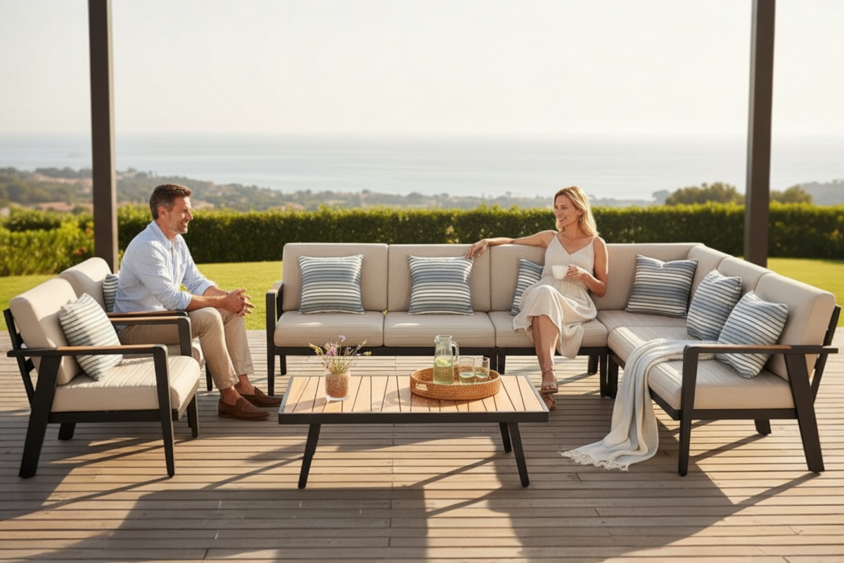 Lovy Cosy Plus 7-piece aluminum and teak outdoor sectional – shown outdoors