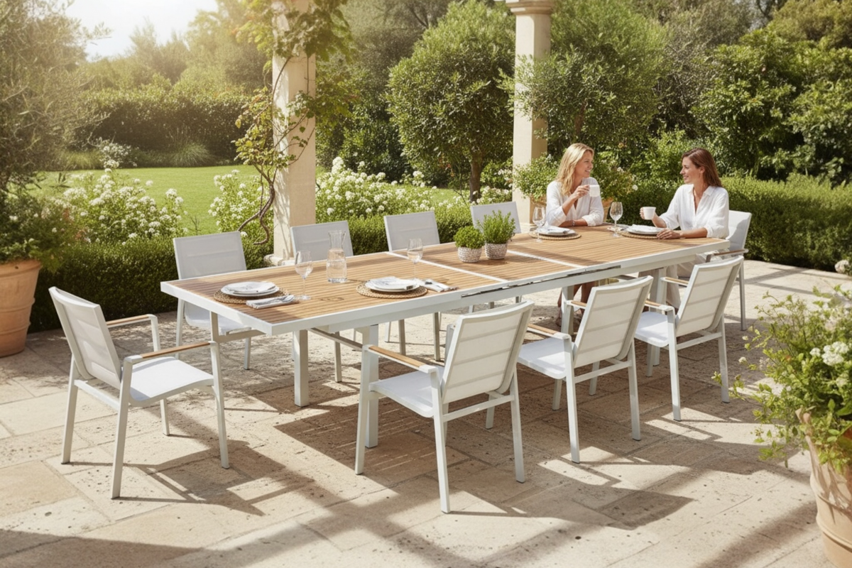 Noffy extendable aluminum and teak dining set for ten – shown outdoors