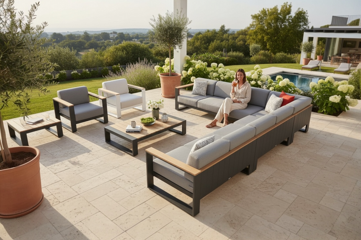 Sofy Plus 8-seat aluminum and teak outdoor sectional – shown outdoors