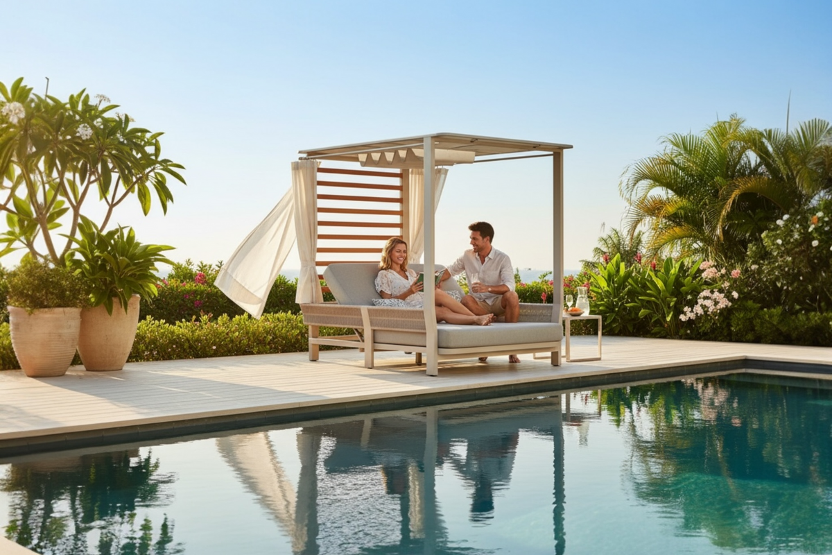 Olby aluminum and rope double pool bed with canopy – shown outdoors