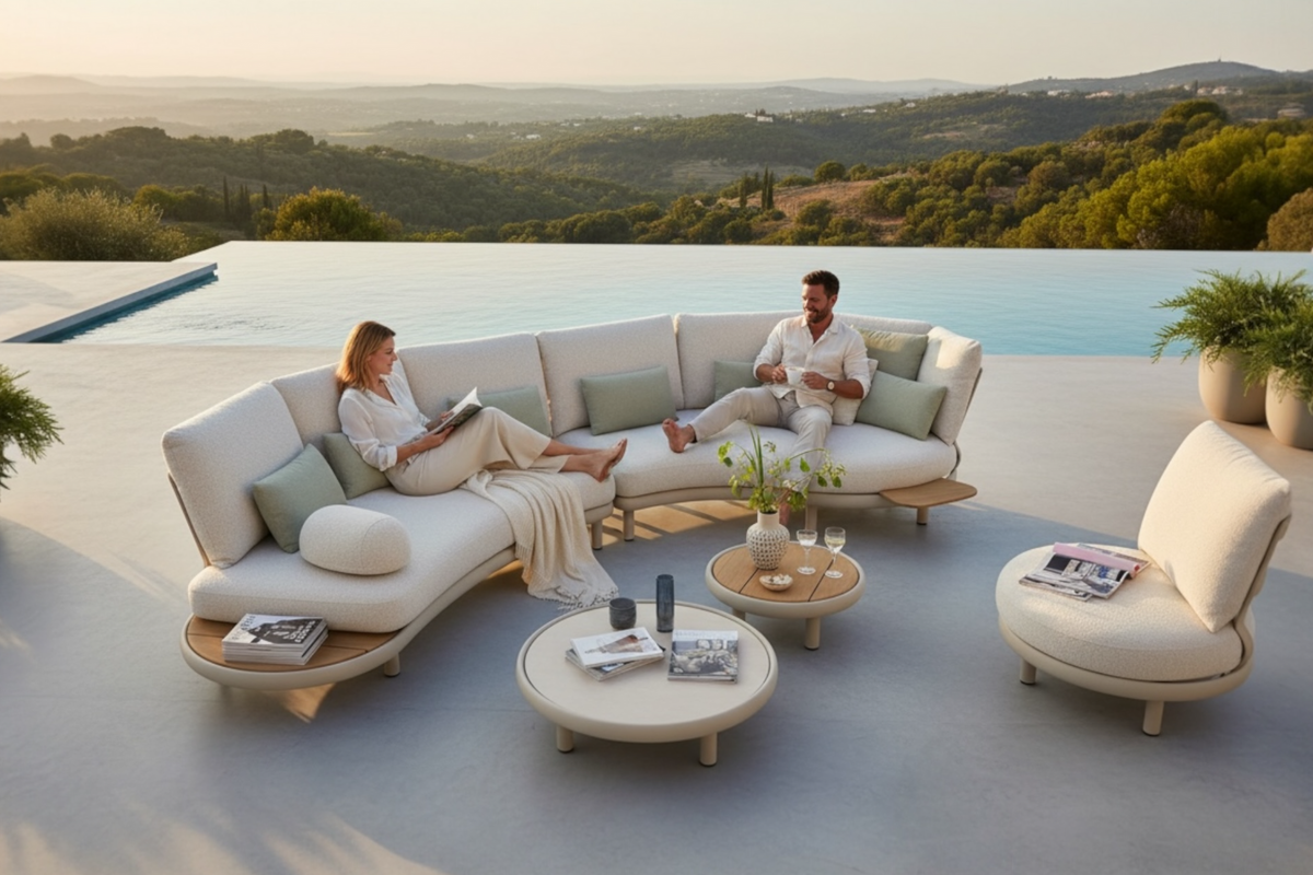 Rosa modular aluminum outdoor sofa set with thick cushions – shown outdoors