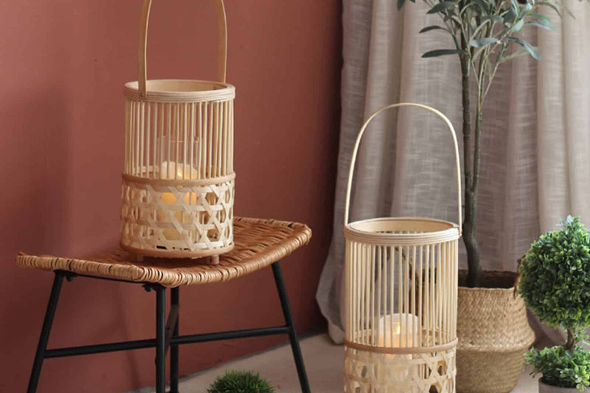 Hand-interlaced woven bamboo lantern – shown in a room setting