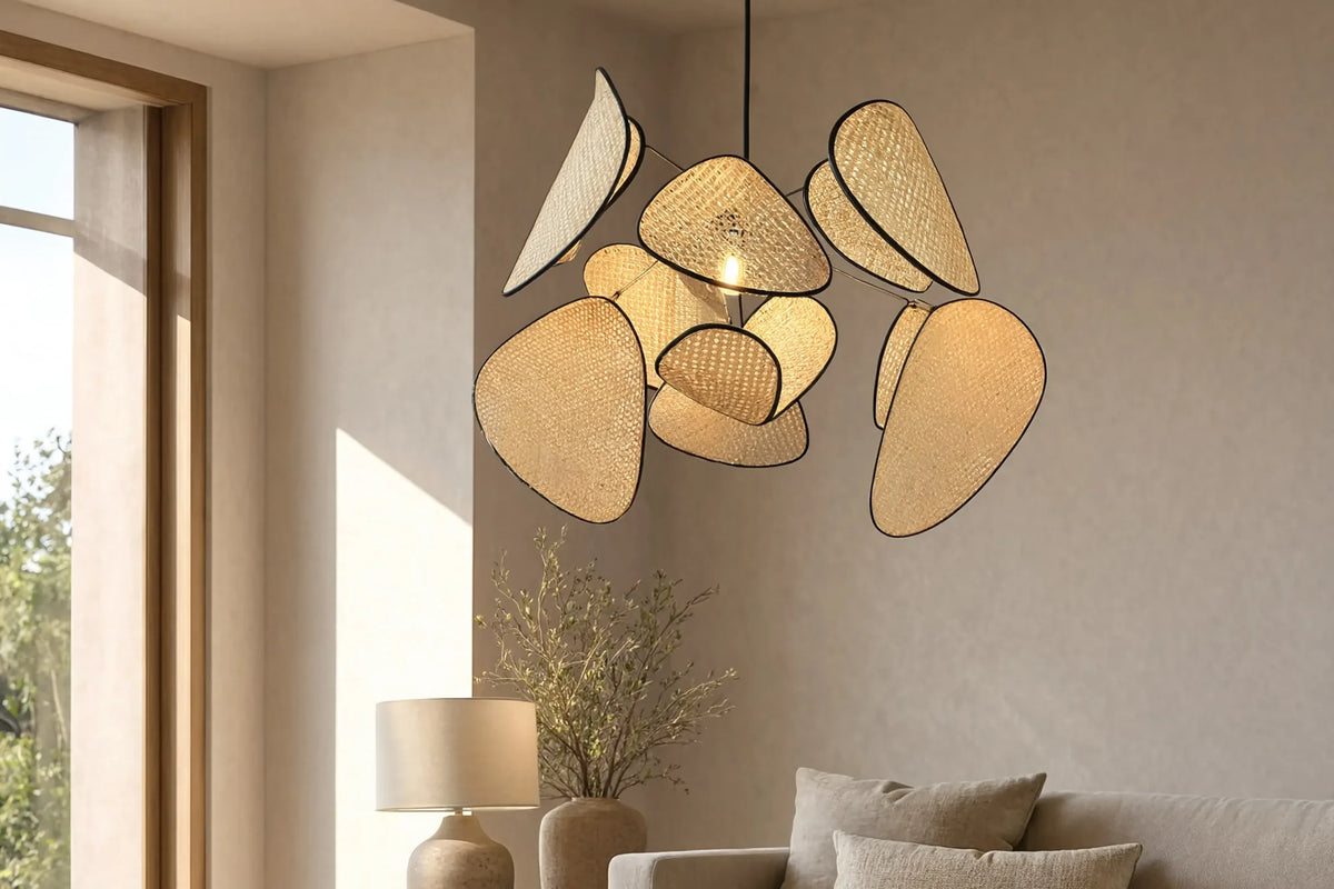 Ravello rattan cane petal chandelier with black steel-edged petals – shown in a living room (2)