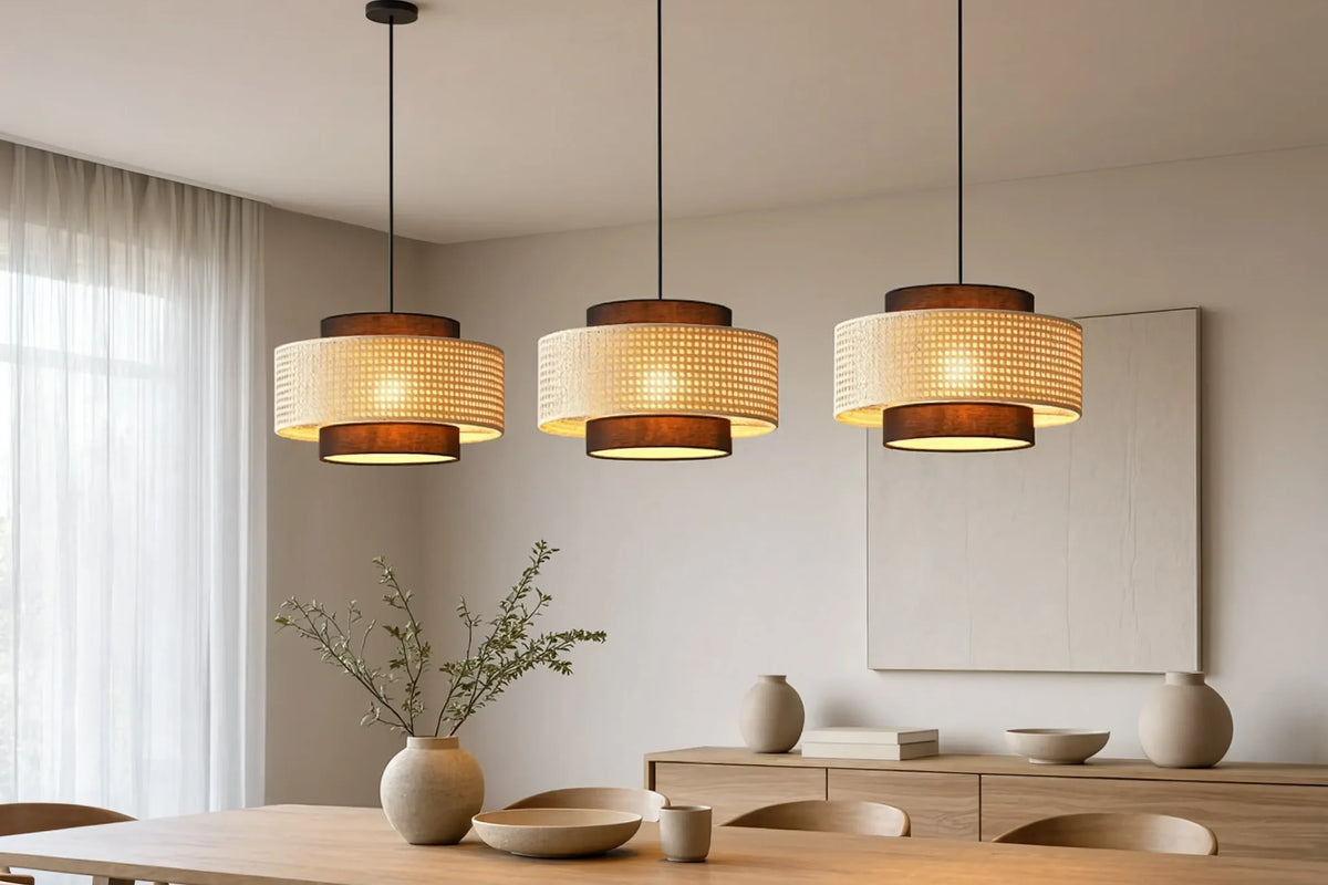 Otrante rattan cane drum pendant light – shown in a dining room