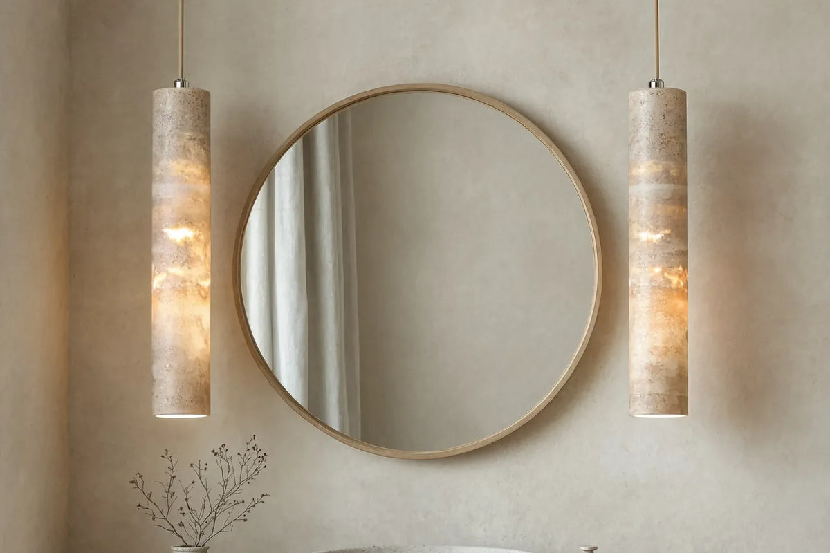 Camarina slim travertine tube pendant light – shown in a bathroom