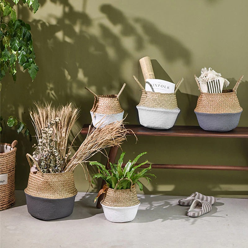 Pink and natural two-tone handmade rattan storage basket – shown in a room setting