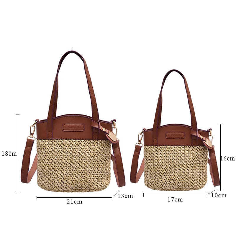 Straw handbag with soft faux leather trim – dimensions diagram
