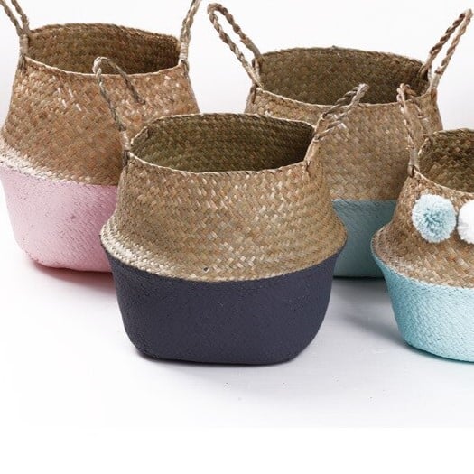 Black handmade rattan storage basket – multiple views