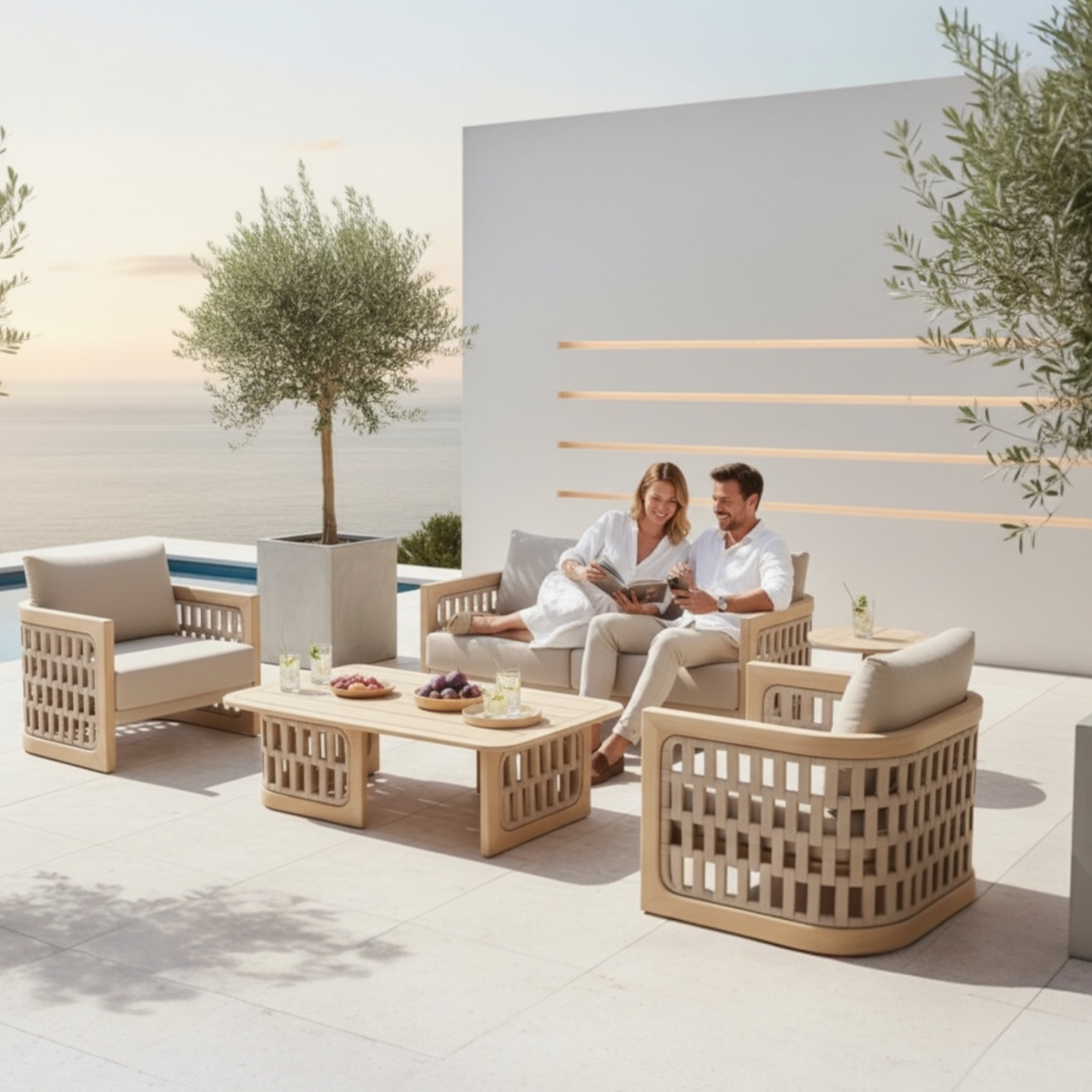 Palma 2-seat teak and rope outdoor loveseat – shown outdoors (2)