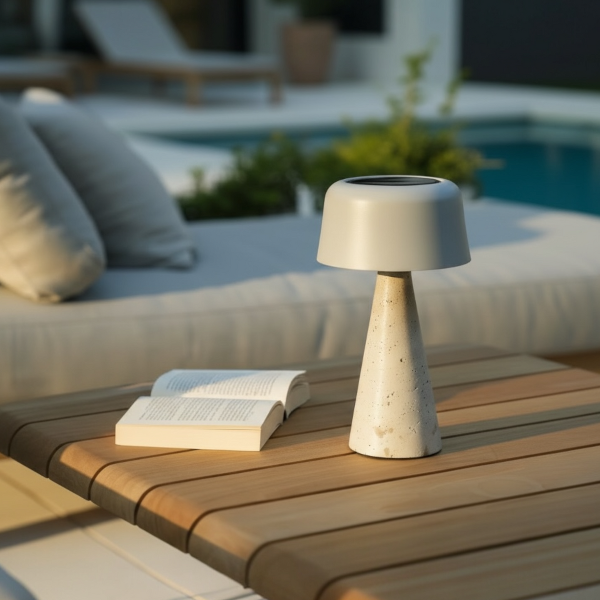 Moon travertine solar outdoor lamp, small – shown outdoors (2)