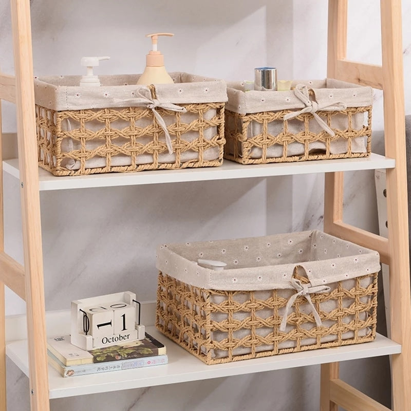 Round handmade woven rattan storage basket – shown in a room setting