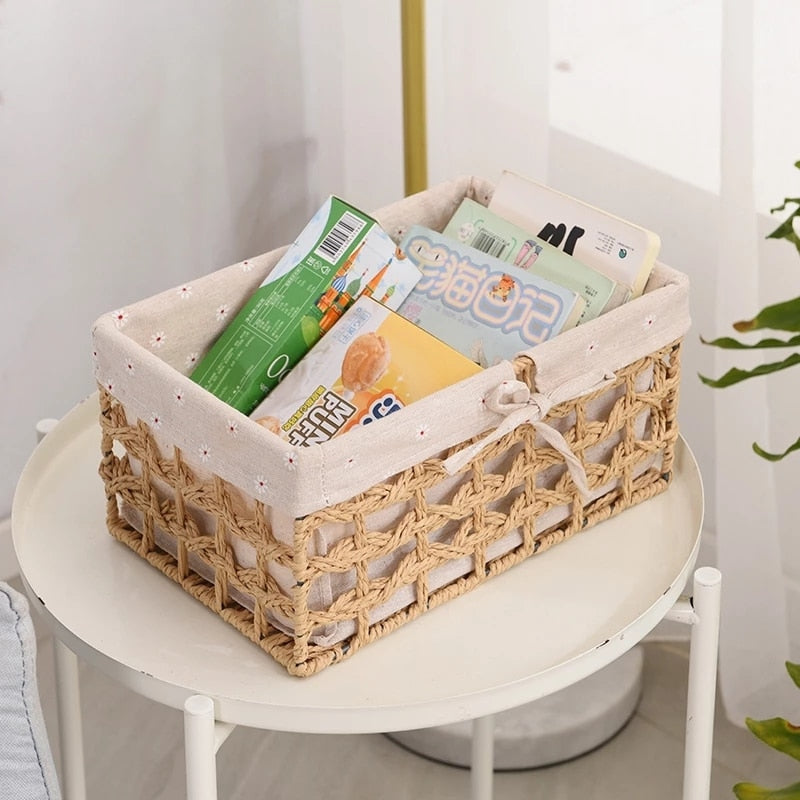 Round handmade woven rattan storage basket – shown in a room setting (5)