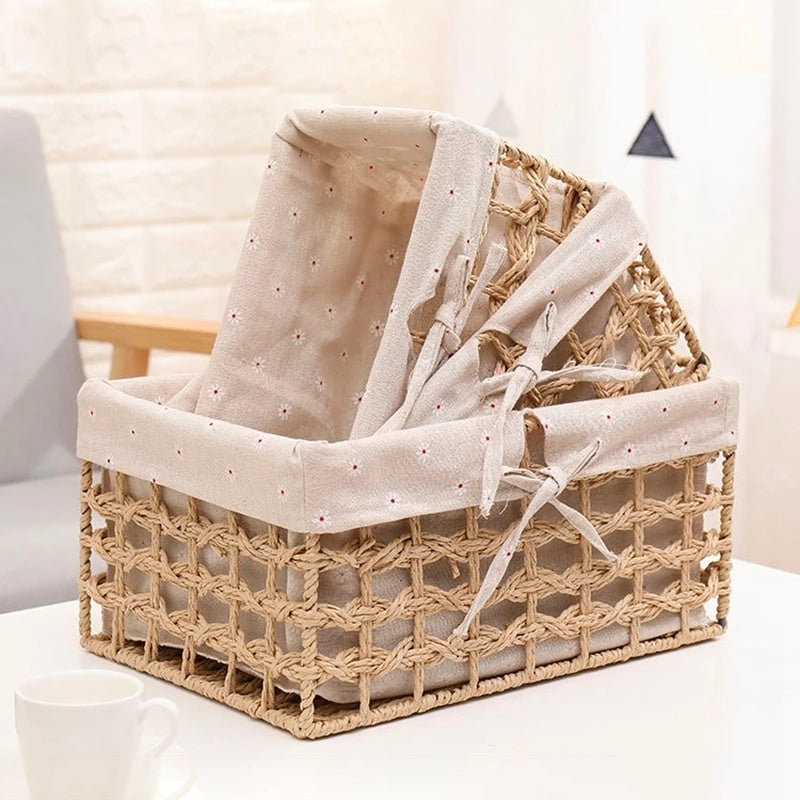Round handmade woven rattan storage basket – shown in a room setting (4)