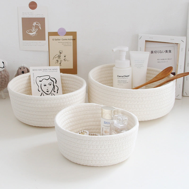 Nordic round cotton rope basket with handles – multiple views