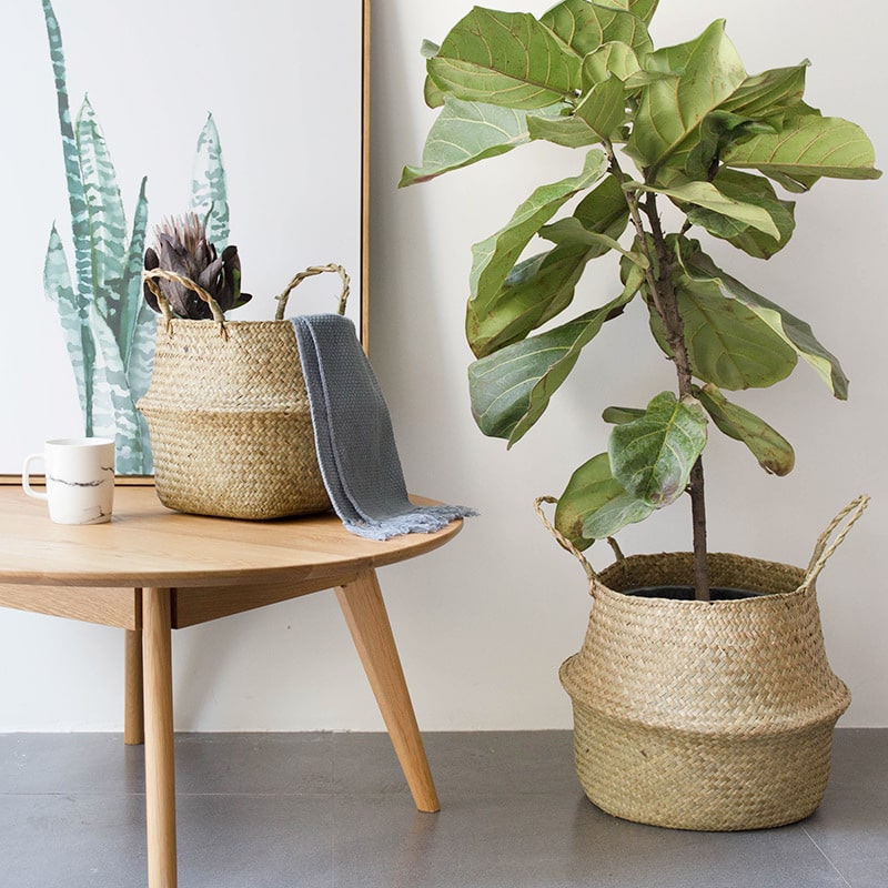 Wicker basket with symmetrical handwoven handles – shown in a room setting (4)