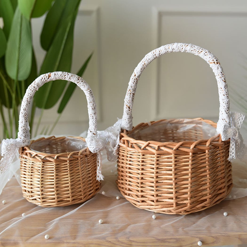 Small woven rattan basket with a lace-trimmed handle – another view