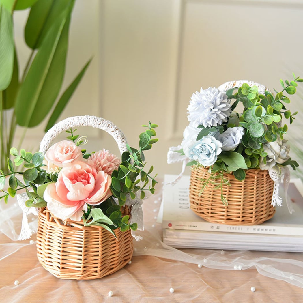 Small woven rattan basket with a lace-trimmed handle – shown in a room setting