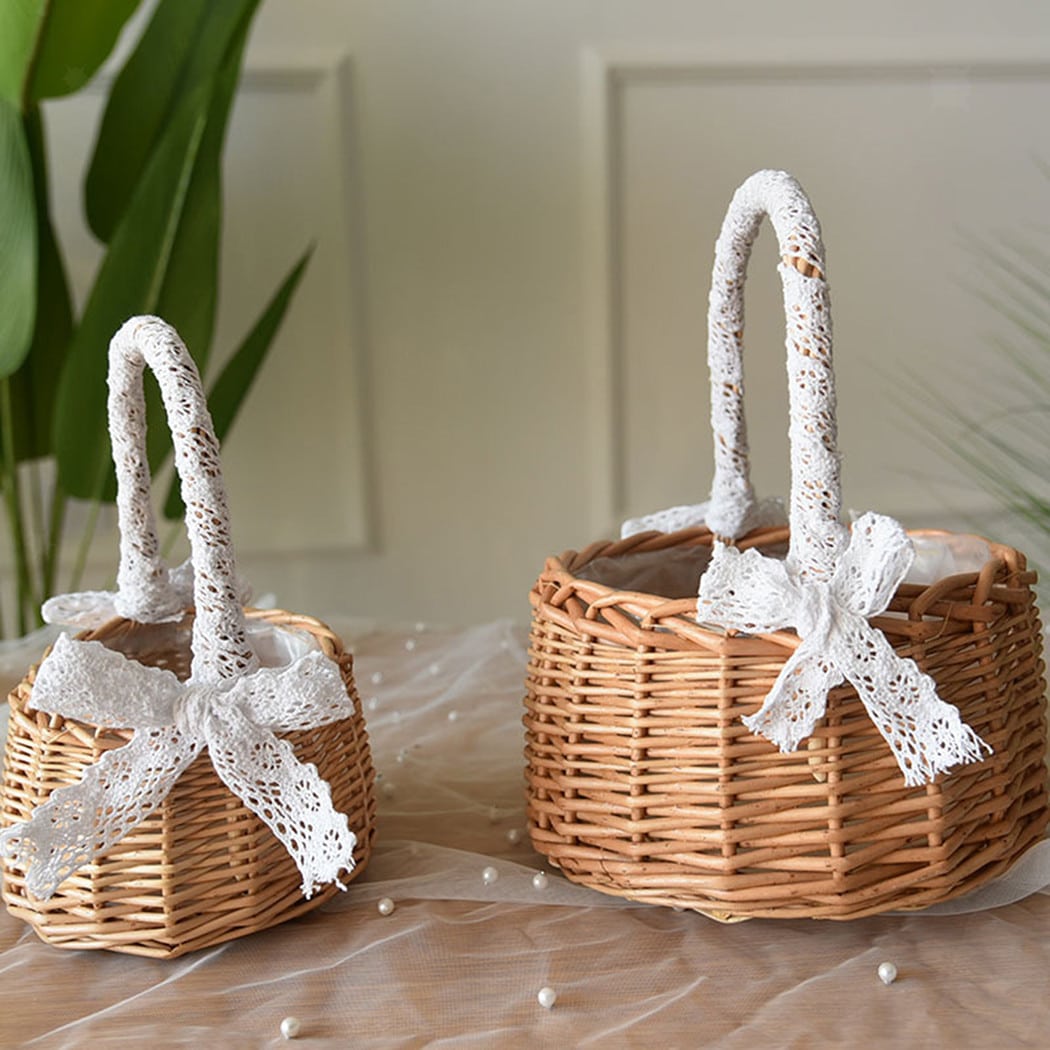 Small woven rattan basket with a lace-trimmed handle