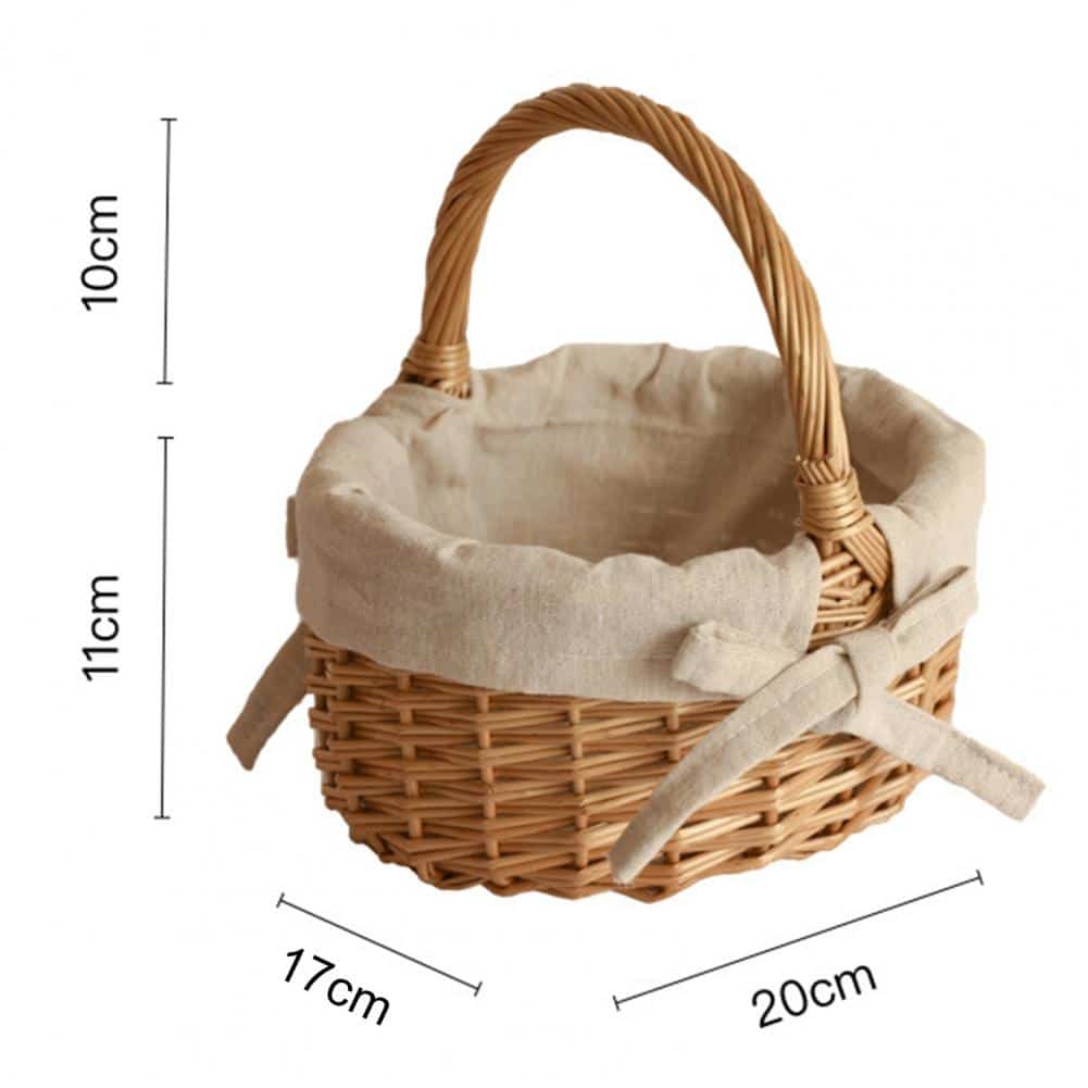 Woven storage basket with a handle and beige fabric lining – dimensions diagram