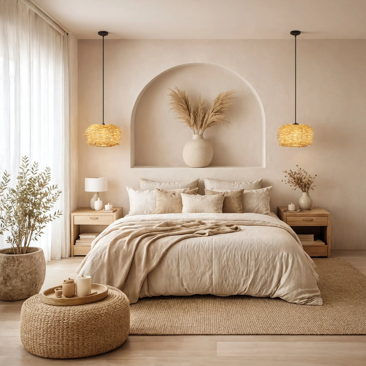 Aléria woven rattan nest pendant light – shown in a bedroom
