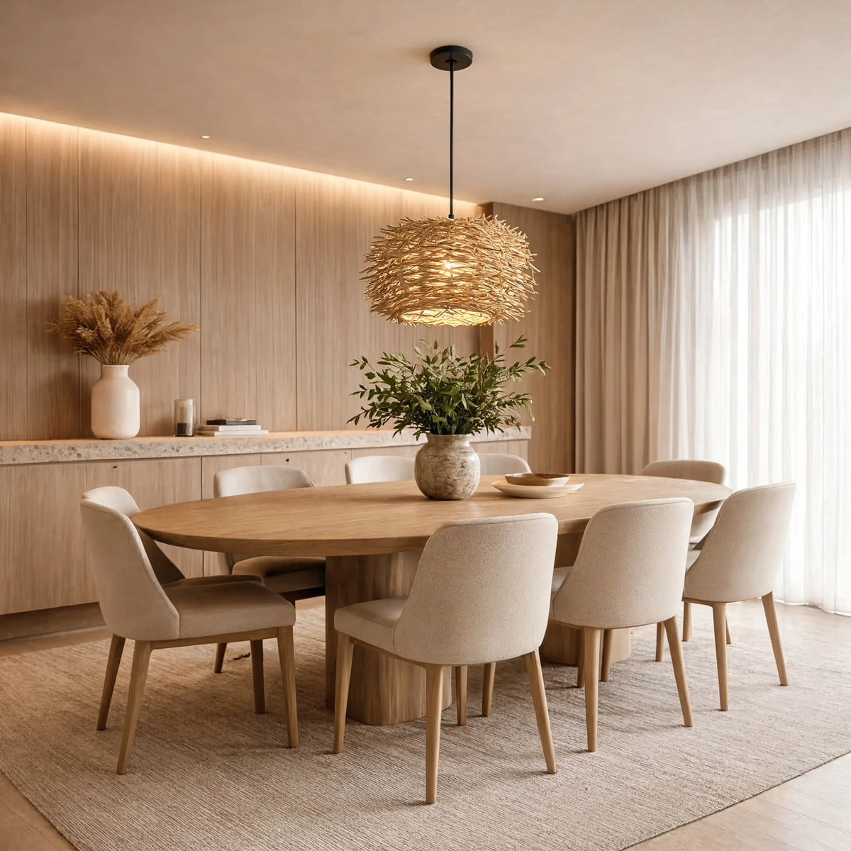 Aléria woven rattan nest pendant light – shown in a dining room