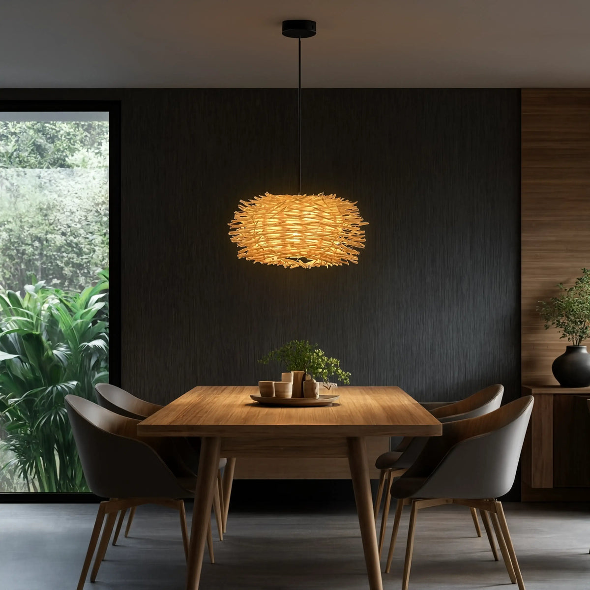 Aléria woven rattan nest pendant light – shown in a dining room (2)