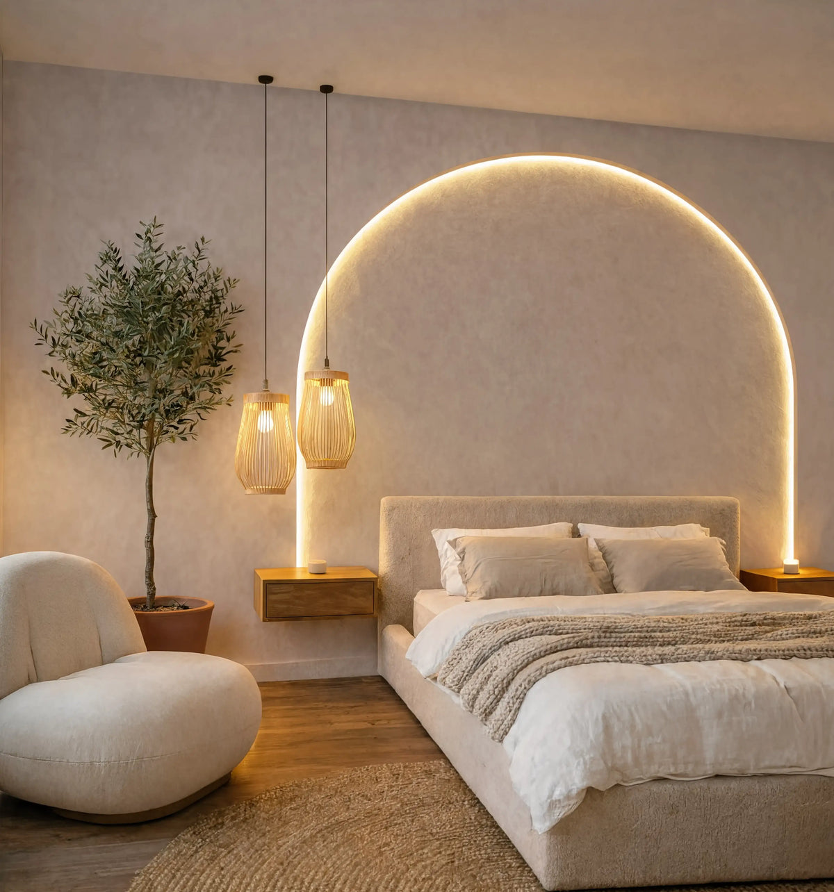 Anafi rattan amphora pendant light – shown in a bedroom
