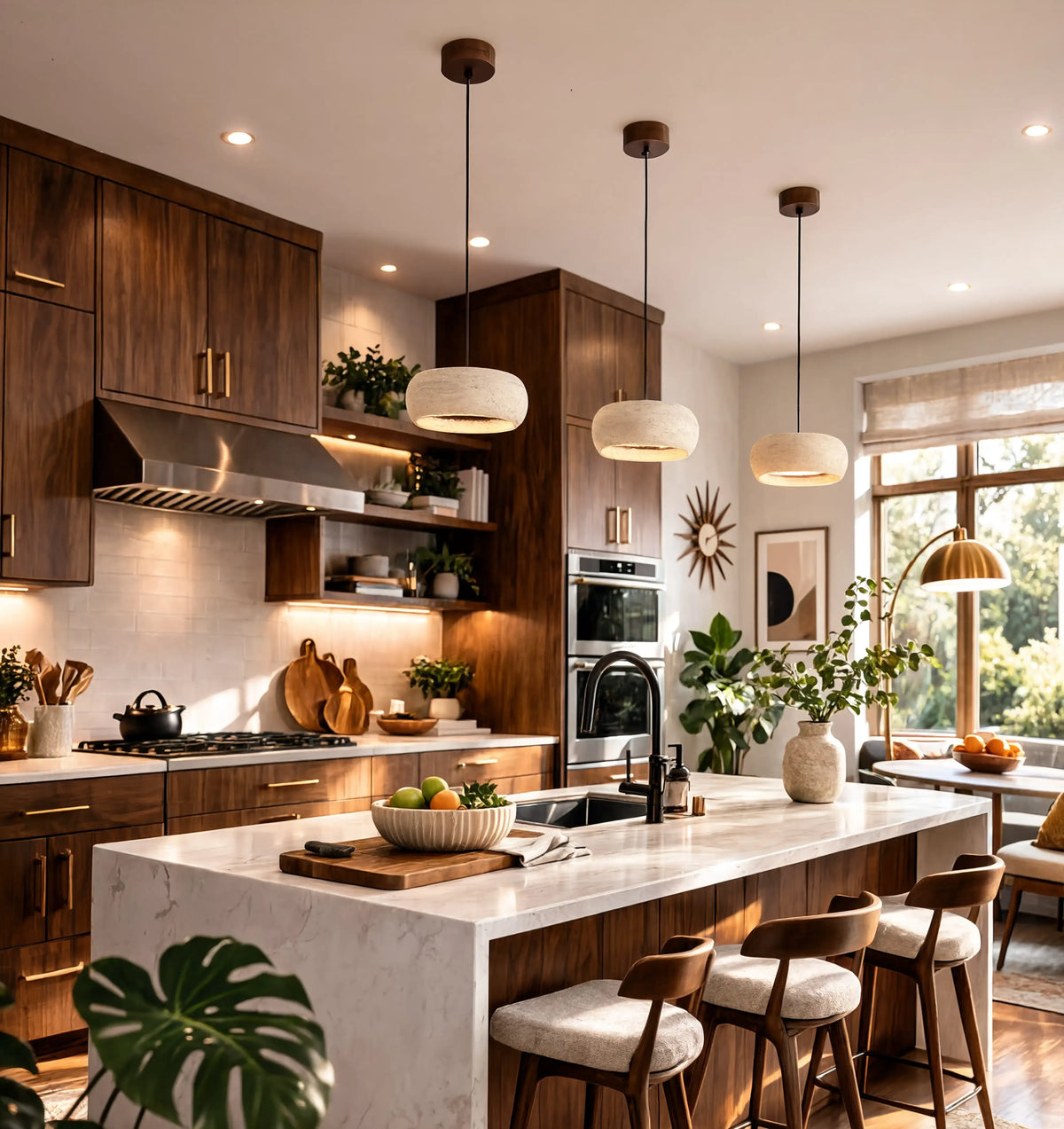 Claros travertine ring pendant light – shown in a kitchen (2)