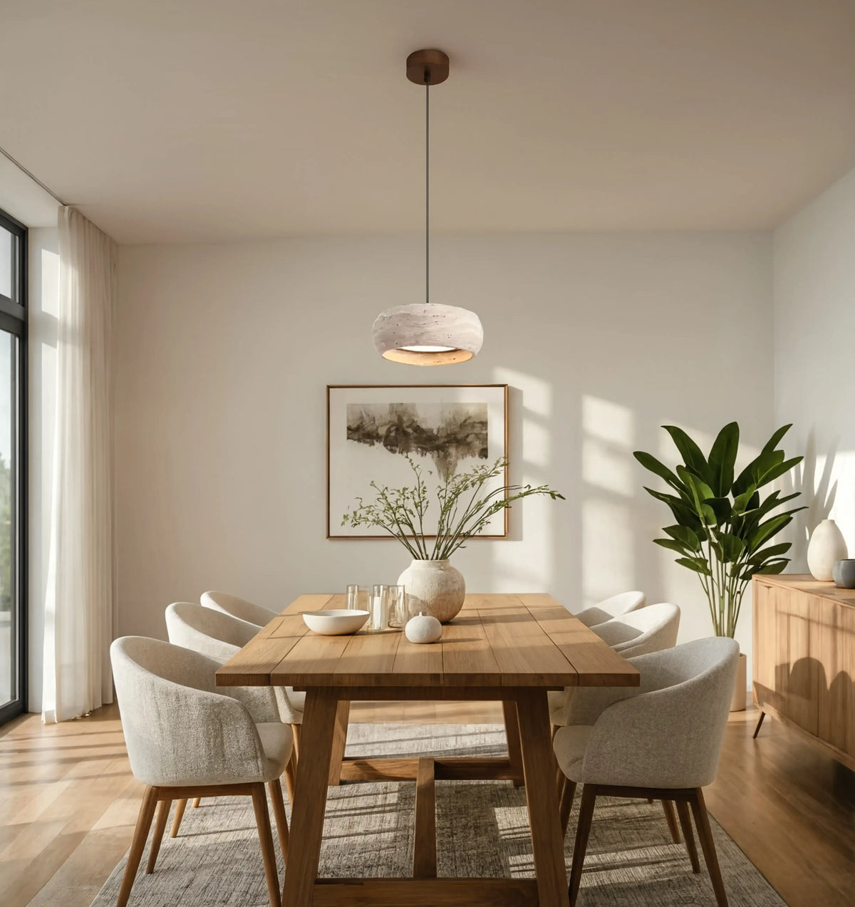 Claros travertine ring pendant light – shown in a dining room (2)