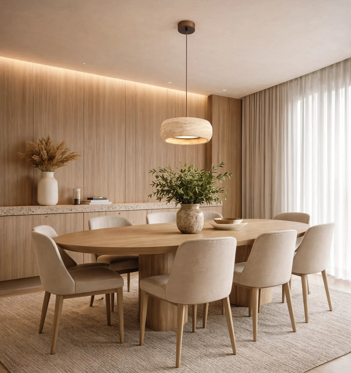 Claros travertine ring pendant light – shown in a room setting (2)