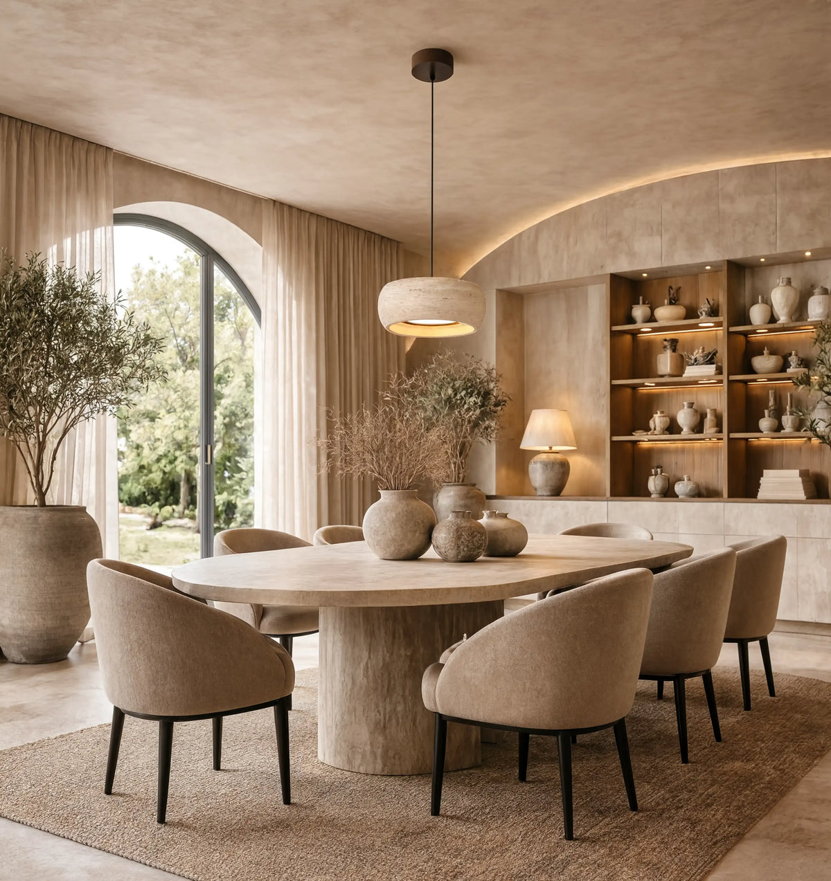 Claros travertine ring pendant light – shown in a room setting (3)