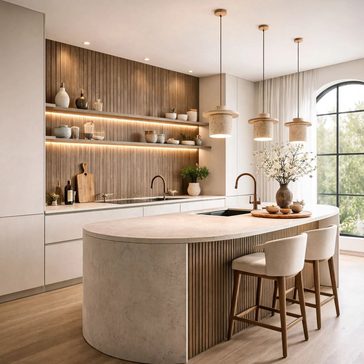 Colophon travertine and wood pendant light – shown in a kitchen