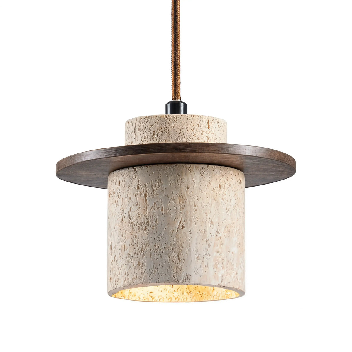 Colophon travertine and wood pendant light – dark wood variant, another view