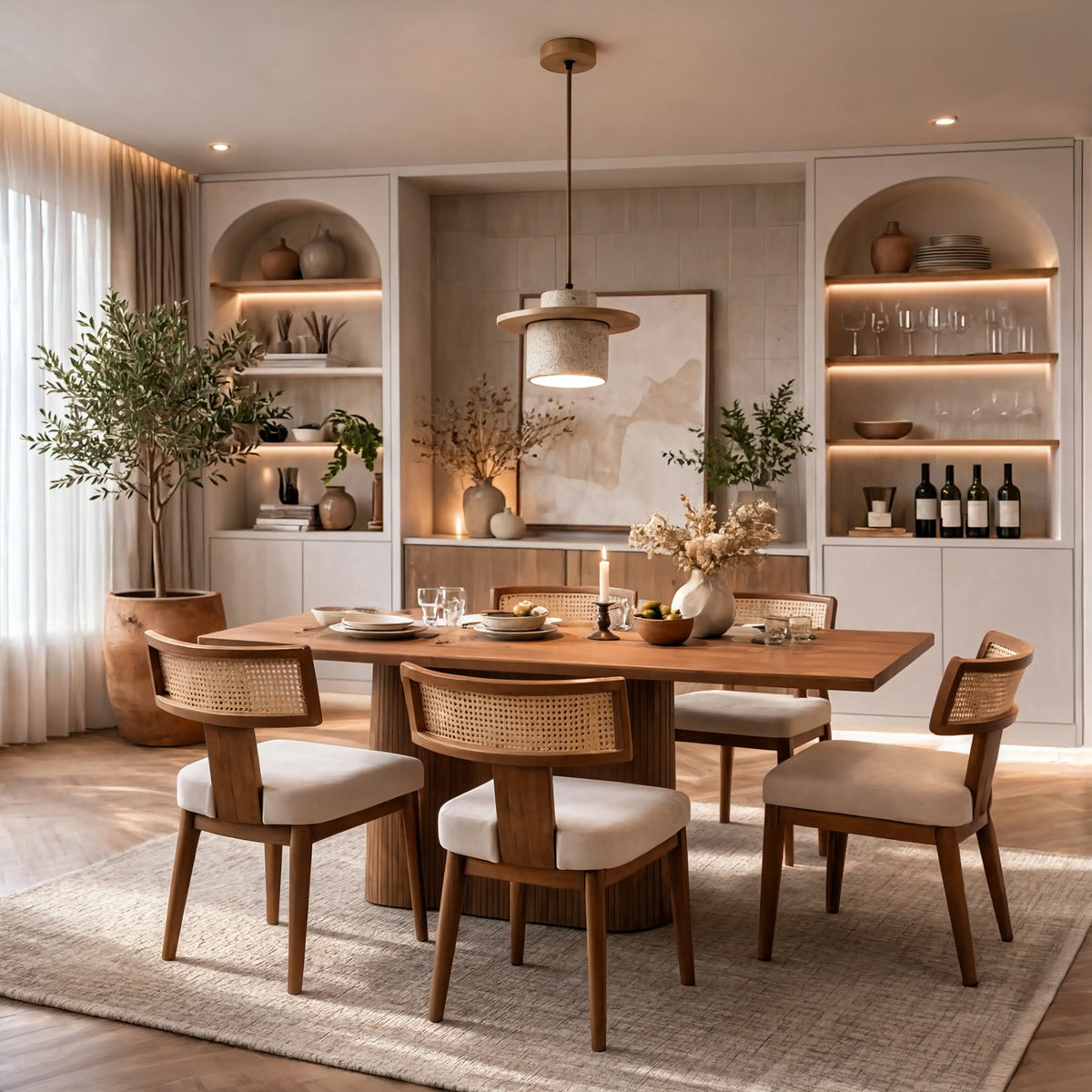 Colophon travertine and wood pendant light – shown in a room setting