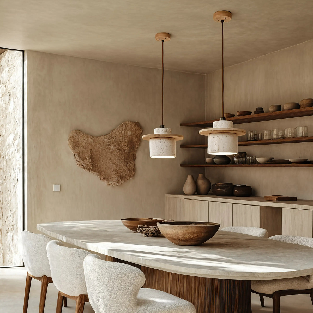 Colophon travertine and wood pendant light – shown in a dining room