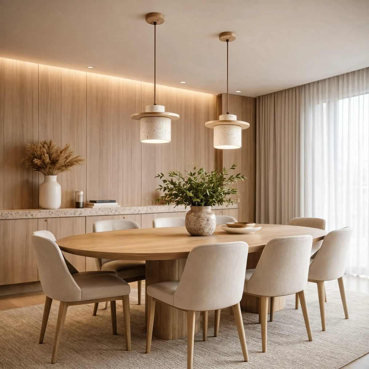 Colophon travertine and wood pendant light – shown in a room setting (2)