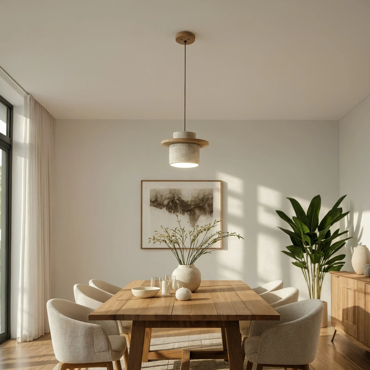 Colophon travertine and wood pendant light – shown in a dining room (3)