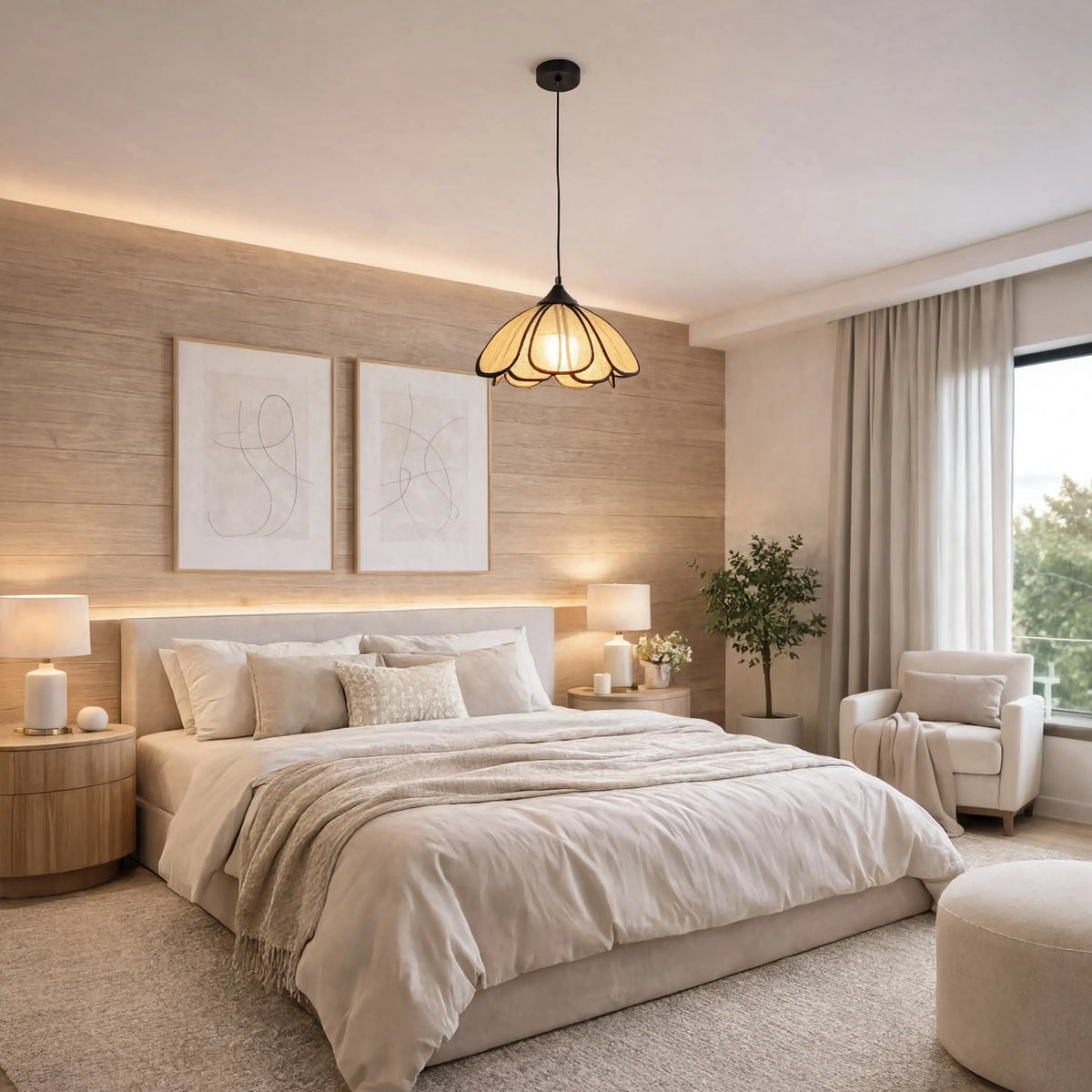 Coré abaca flower pendant light – shown in a bedroom