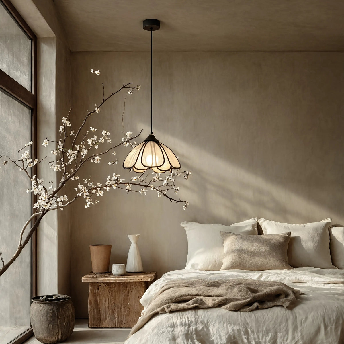 Coré abaca flower pendant light – shown in a bedroom (2)