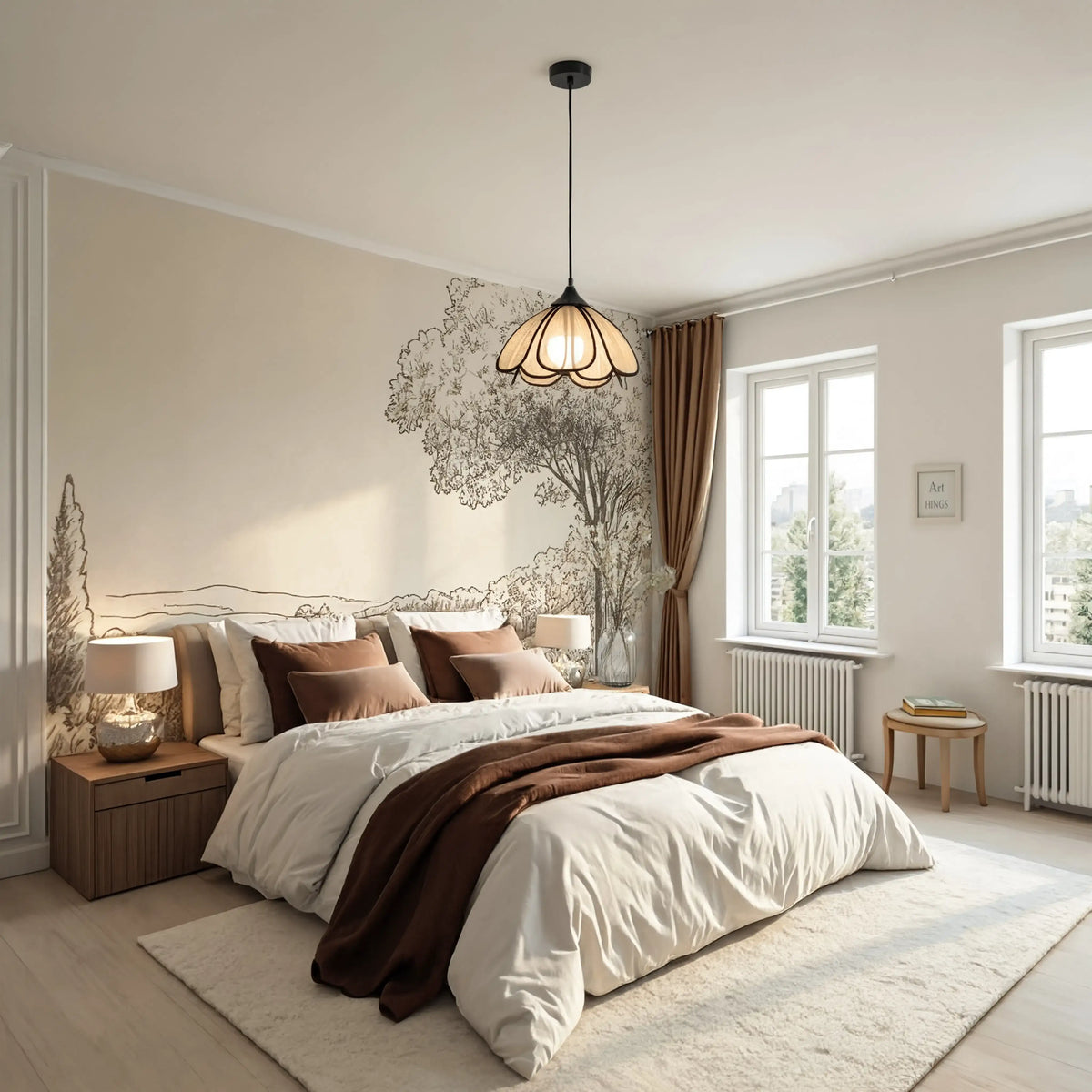 Coré abaca flower pendant light – shown in a bedroom (4)