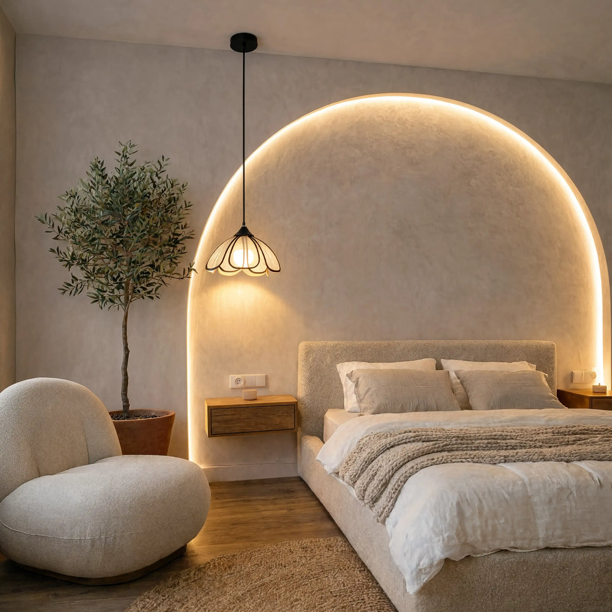 Coré abaca flower pendant light – shown in a bedroom (5)