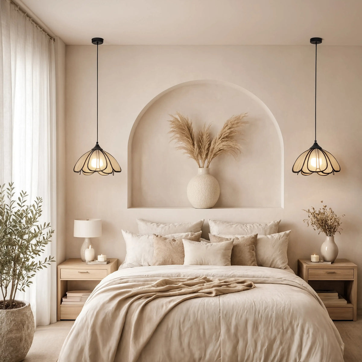 Coré abaca flower pendant light – shown in a room setting