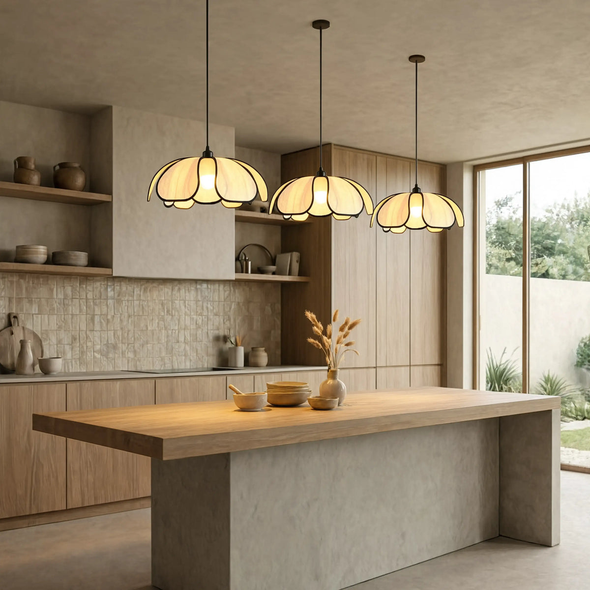Hesperia large abaca flower pendant light – shown in a kitchen (2)