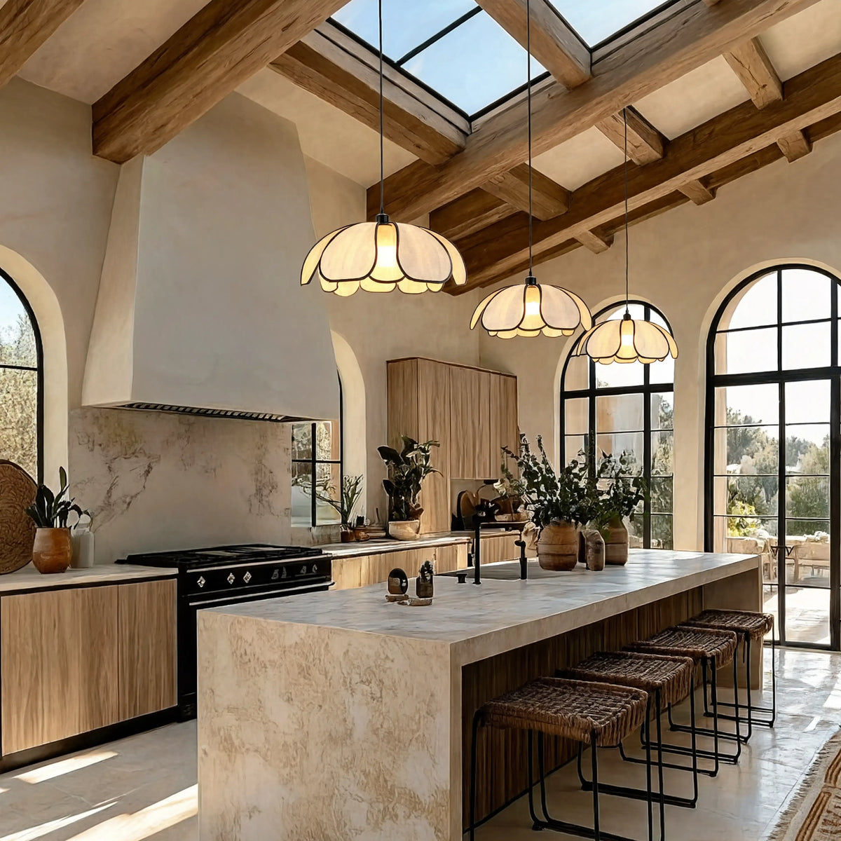 Hesperia large abaca flower pendant light – shown in a kitchen (3)