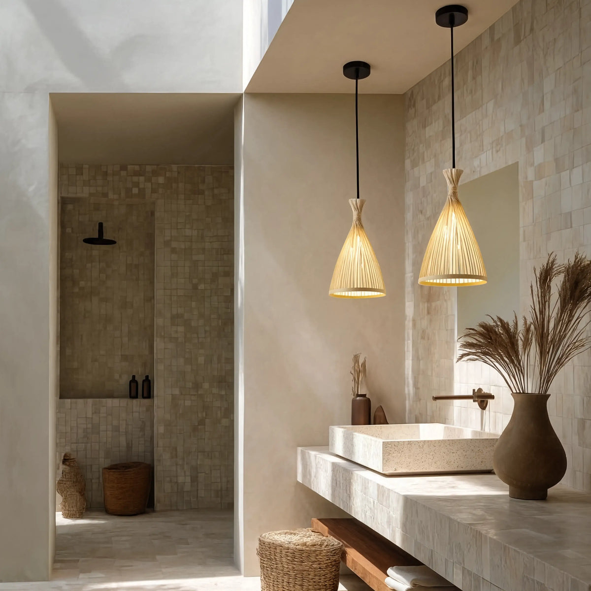Hydra rattan cone pendant light – shown in a bathroom (3)