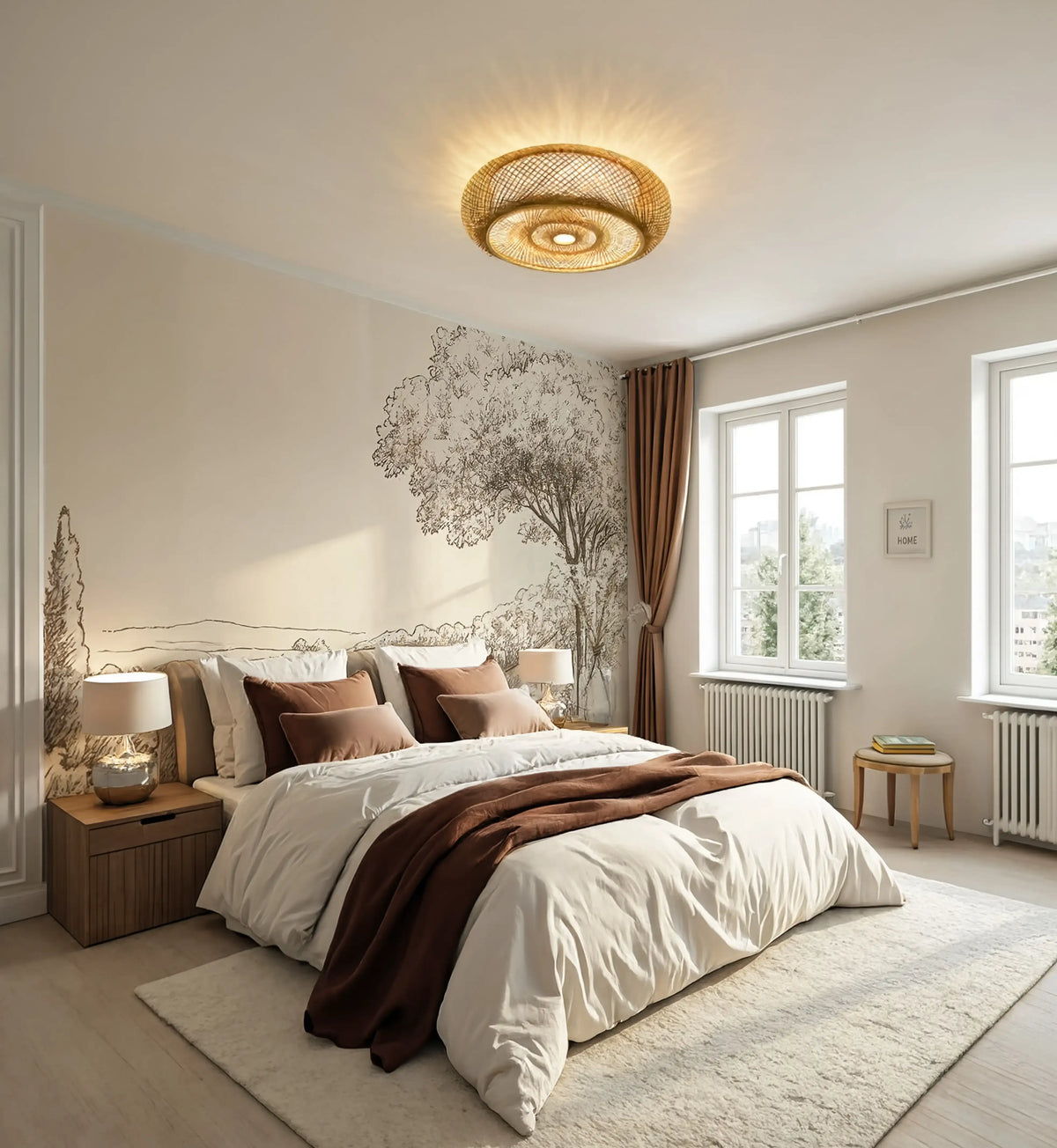 Ithaque woven rattan flush mount ceiling light with concentric circles – shown in a room setting