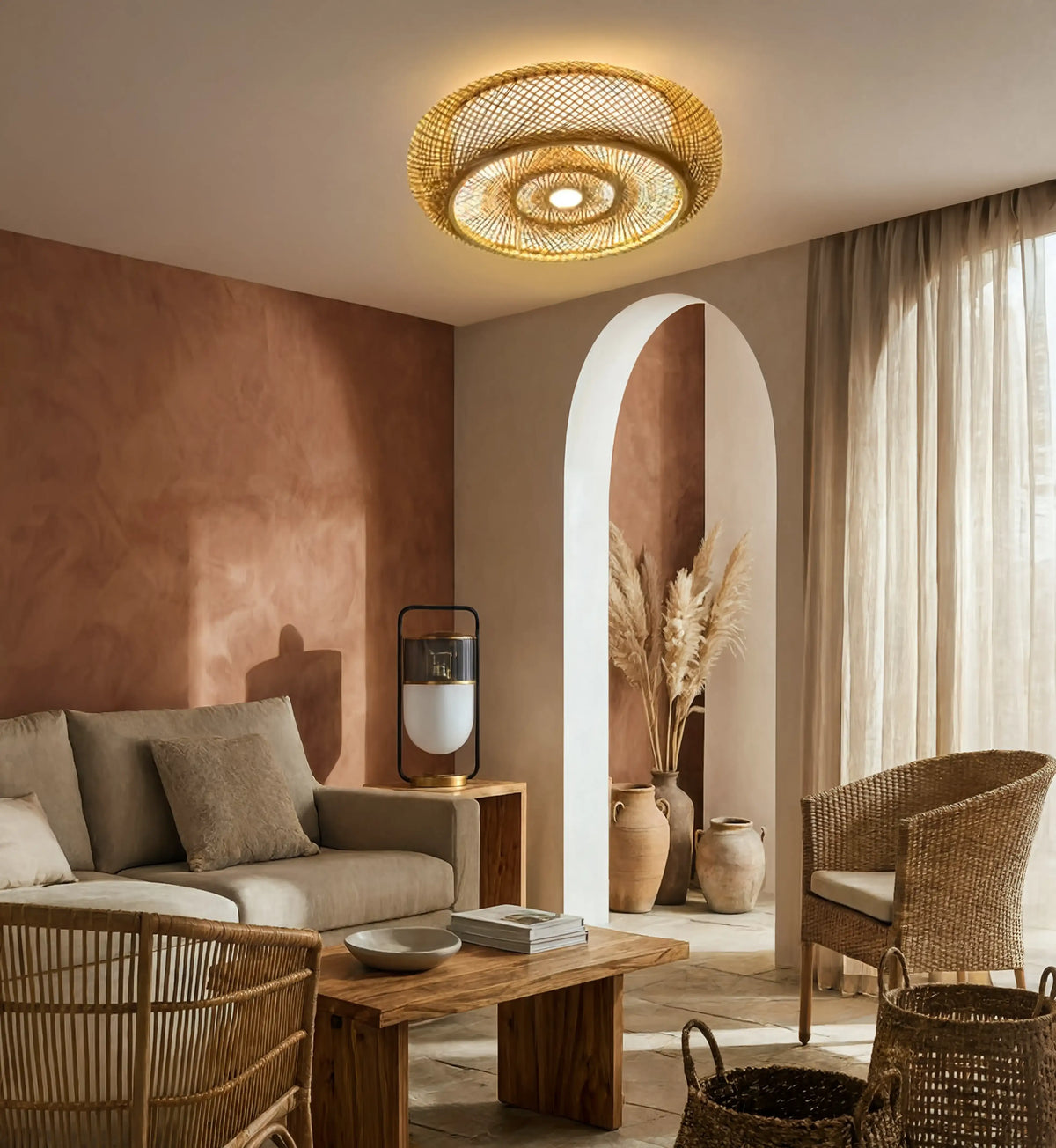 Ithaque woven rattan flush mount ceiling light with concentric circles – shown in a room setting (5)