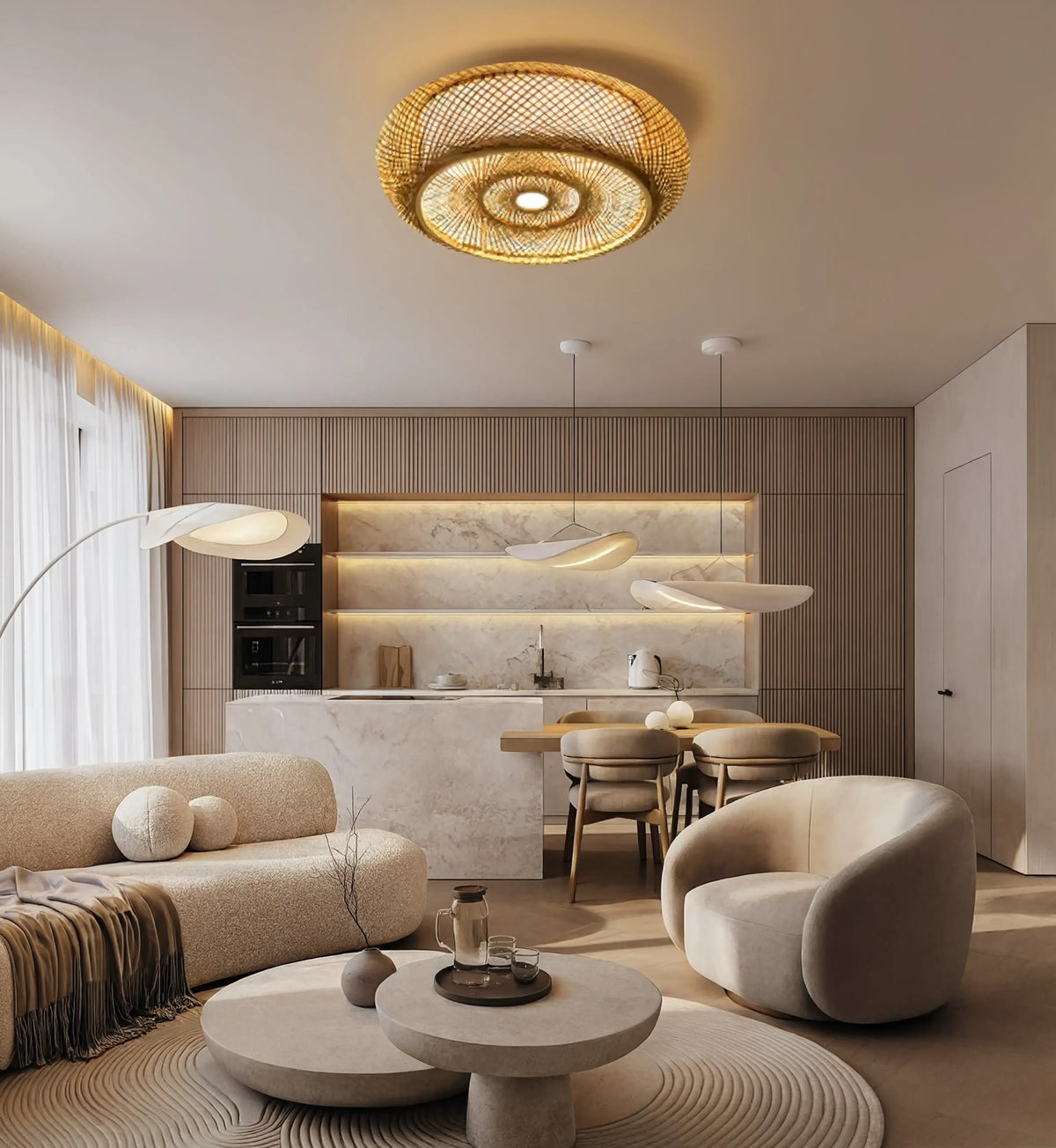 Ithaque woven rattan flush mount ceiling light with concentric circles – shown in a room setting (6)