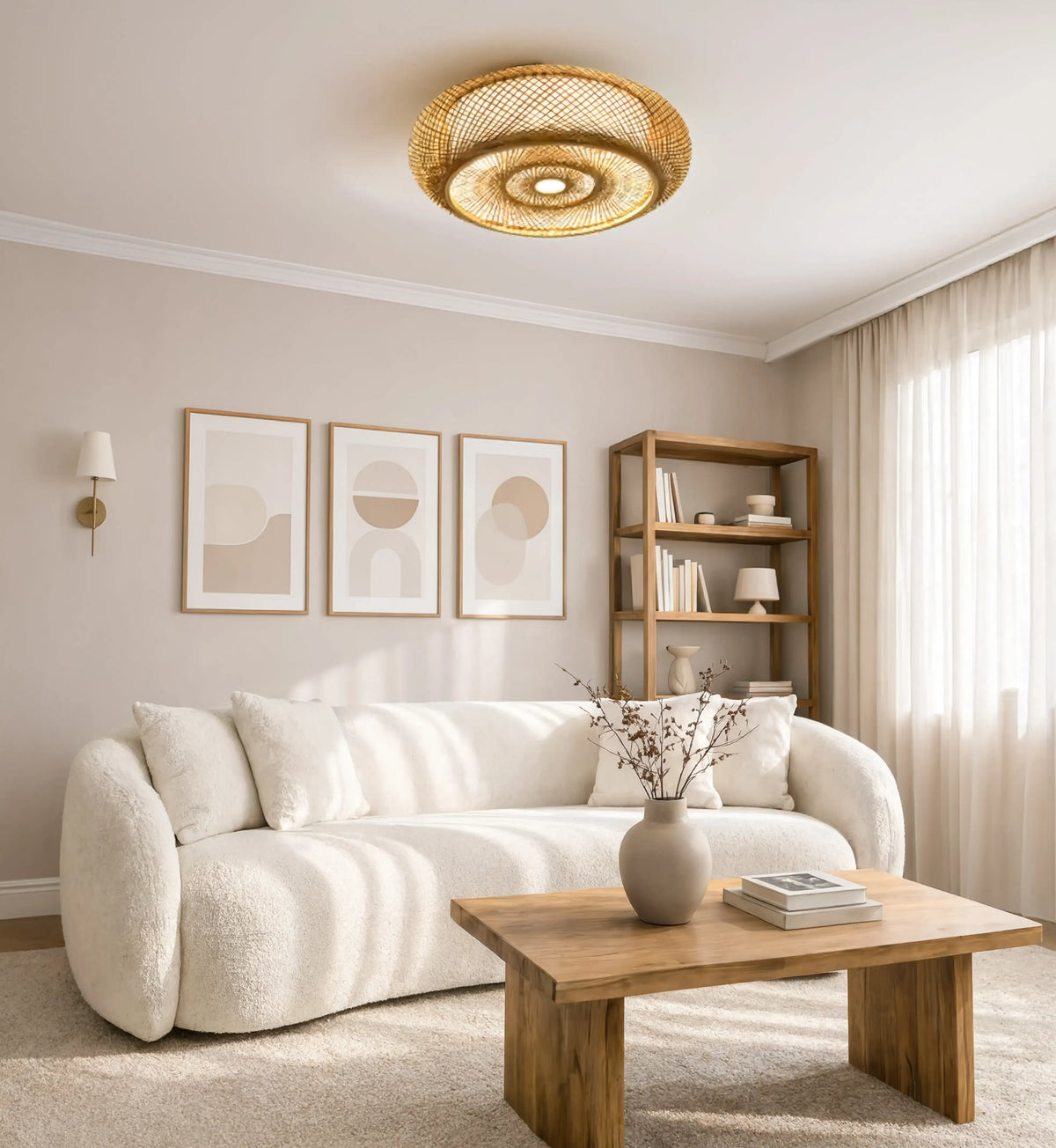 Ithaque woven rattan flush mount ceiling light with concentric circles – shown in a room setting (2)